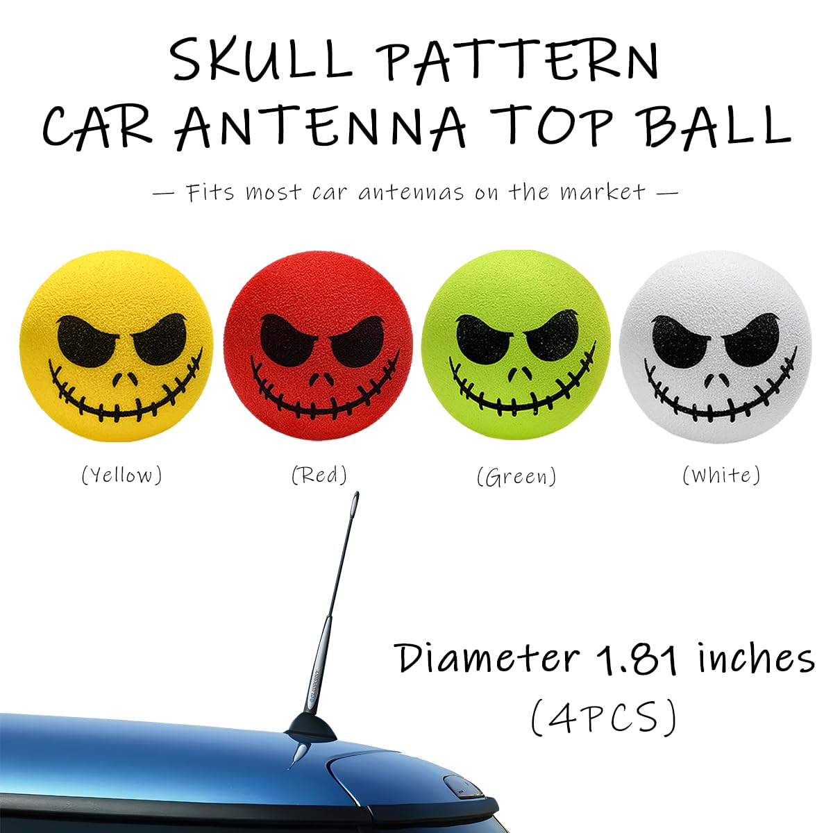 DXNQ 4 PCS Car Antenna Toppers, Halloween Skull Smile Auto Antenna Decoration Ball, EVA Skull Smile Doll Anti-Collision Antenna Topper for Cars Trucks SUVs, Car Accessories