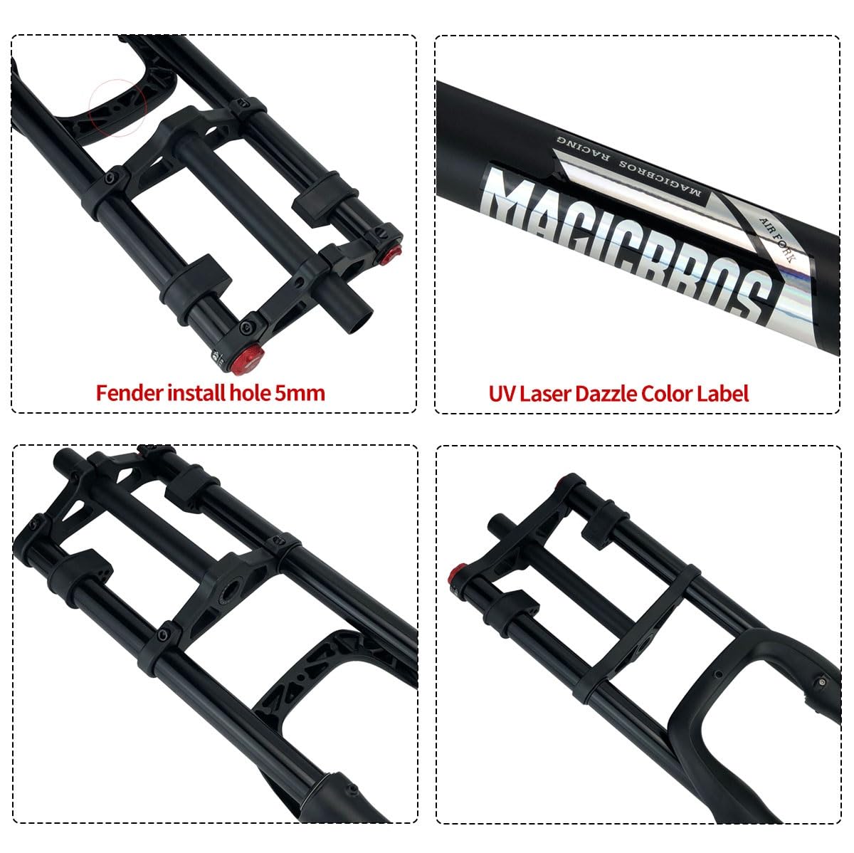 Forcella Ammortizzata per Bici 26" 5.0 Pneumatico Forcella Fat Bike 1-1/8" Freno a Disco Dritto Bici elettrica Forcella ad Aria Escursione 190mm Perno Passante 15 * 150mm Forcella
