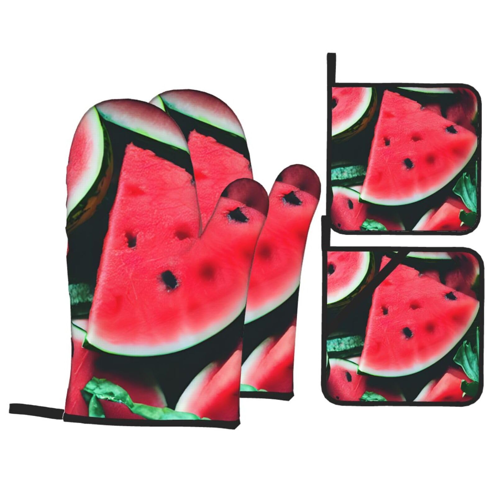 Nimongt Black Red Watermelon Print Heat-Resistant 4-Piece Oven Kitchen Gloves For Baking Cooking Microwaving Essentials