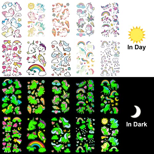 Qpout Glow In The Dark Unicorn Temporary Tattoos For Kids Cartoon Luminous Unicorns Fake Tattoo Stickers Decorations Girls Birthday Gifts Glow Makeup In The Dark Party Supplies #TOP2