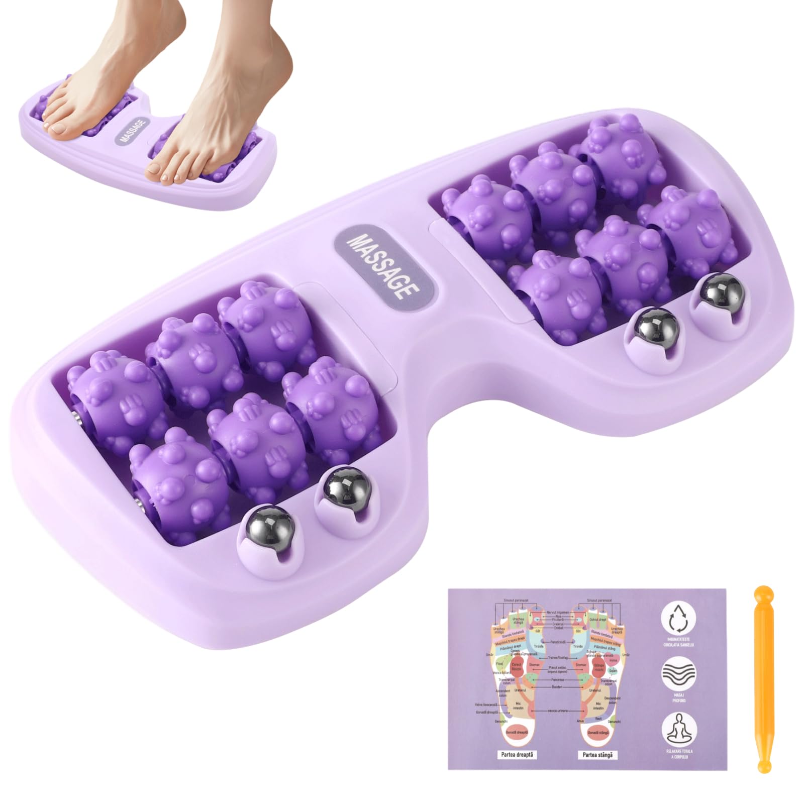 Fußmassage-Roller, strukturierter Fußmassager mit Metallkugeln, rutschfester Unterseite, Akupressurpunkt-Referenzkarte und doppelseitigem Massage-Stick für täglichen Fußkomfort