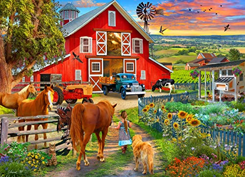 Vermont Christmas Company Horse Farm Jigsaw Puzzle 1000 Piece, The Puzzle Features Various Shades of Green, Brown, and White