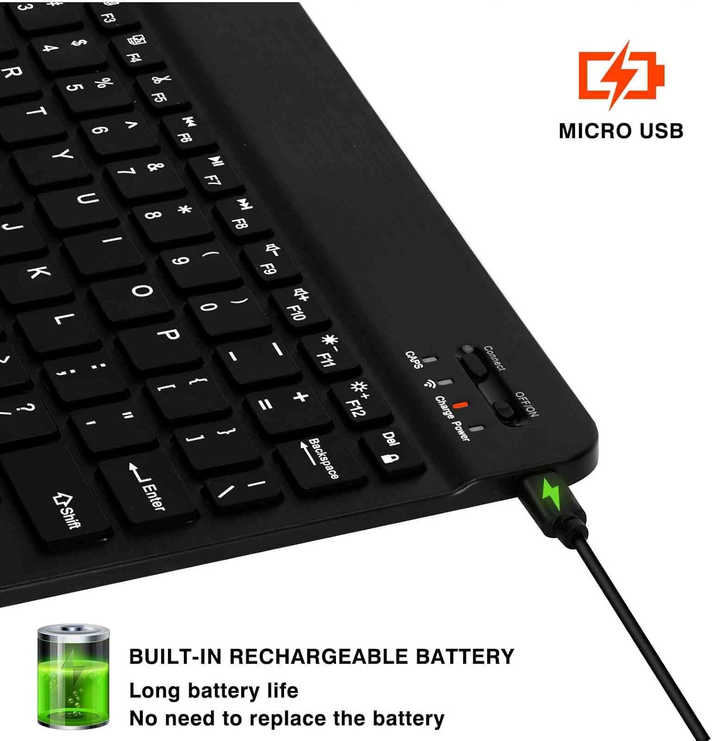 Keyboard Micro USB charging port with charging cable connected