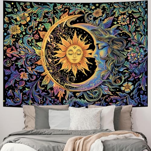 Image of MAKABEE Tarot Style Sun and Moon Tapestry Psychedelic Mystic Floral Tapestry Hippie Boho Flower Plants Wall Tapestry Vintage Aesthetic Tapestry Wall Hanging for Bedroom
