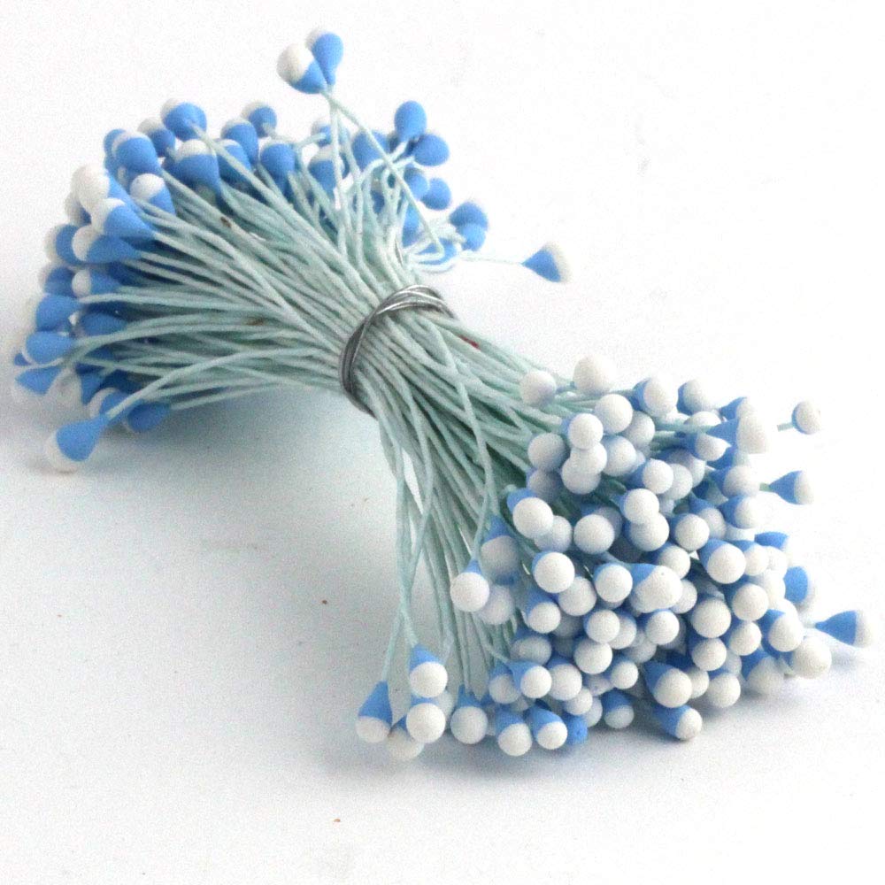One Bundles of 144 Stamen Vintage Stamen (Pistil), 3mm Head 2in Long, Two-Tone top, White Stem, Light Blue with White tip
