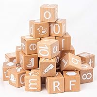 ANWoRLeT 28 Wooden ABC Building Blocks - Alphabet Letters, Numbers, Math Symbols Stacking Toy for Toddlers 3+ Safe Beech Wood