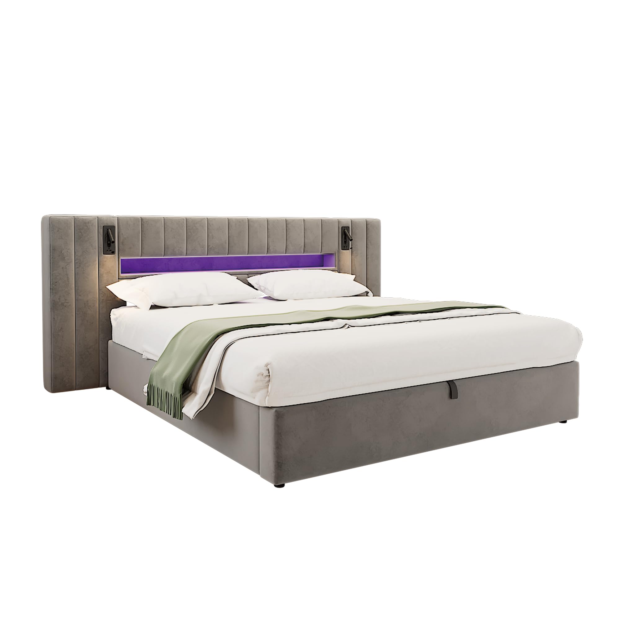 Kayan Polsterbett 180x200cm, Boxspringbett mit hydraulisches Bettkasten, Doppelbett mit LED-Kopfteil und Lattenrost, Leselicht mit USB Aufladen, Stauraumbett Jugendbett Bettgestell, Samt