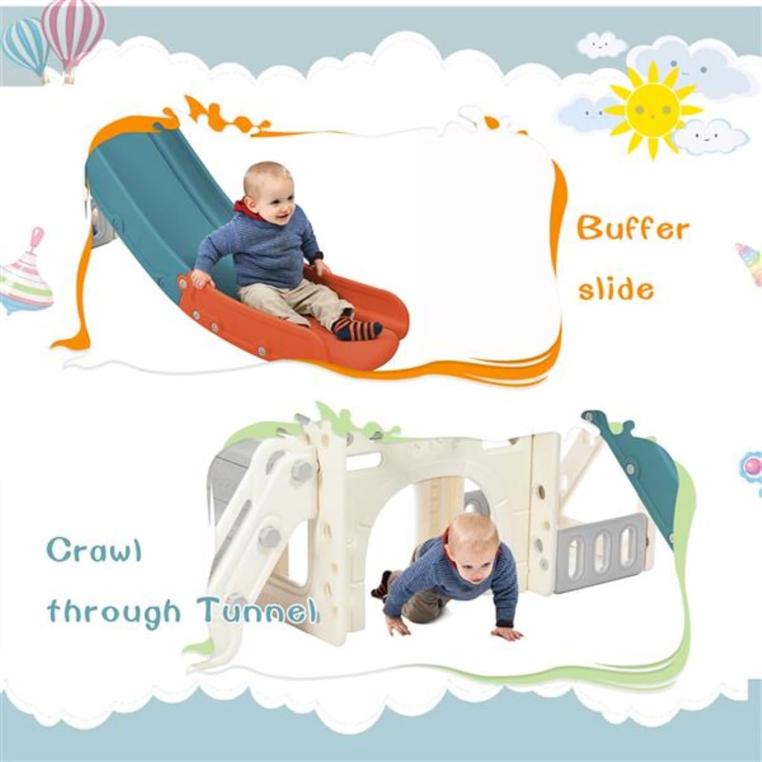 7 In 1 Children's Slide Play Set,Free-standing Castle Climbing Frame with Basketball Stand, Telescope,Children's Climbing Play House, Suitable for Indoor and Outdoor Activities, White Green and Orange