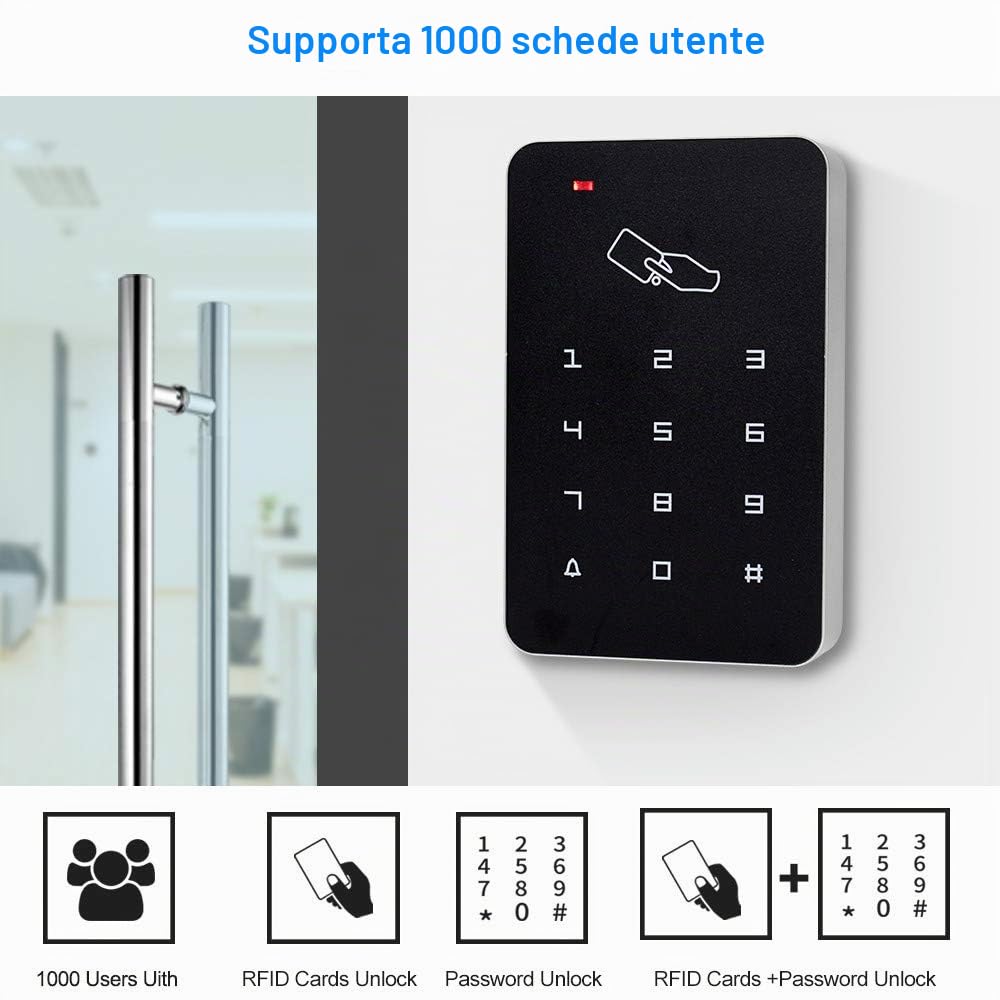 Kit di Sicurezza per Porta con Controllo di Accesso Completo con Tastiera da 125 KHz,Serratura Elettrica + Alimentatore,Pulsante di Uscita,10 Portachiavi e 10 Carte(NC kit di blocco elettrico)