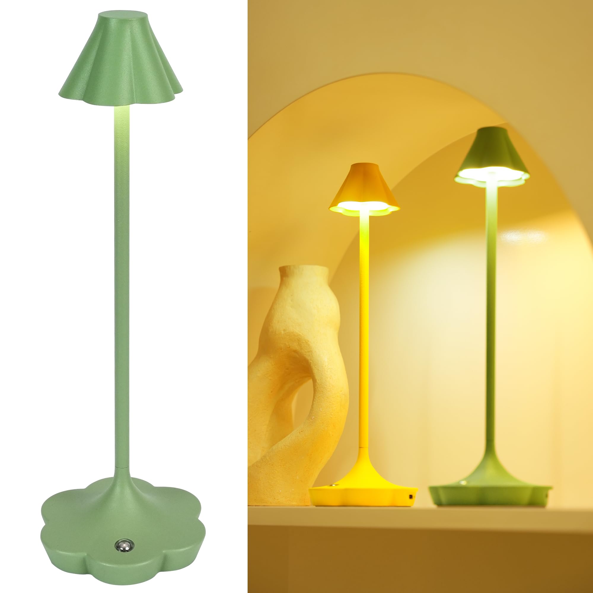 LuminexDesigns Flower Design Touch Control Bedside Lamp – Rechargeable Cordless Table Lamp, Dimmable Metal Designer Lamp, IP54 Decorative Lighting for Bedroom & Living Room, Sage Green