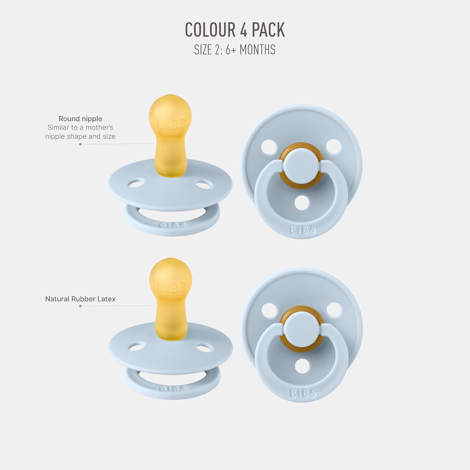 BIBS Color Pacifier 4-Pack, BPA Free Soother Pacifier, Round Nipple. Natural Rubber Latex, Made in Europe, Size 2 (6-18 Months), Baby Blue