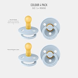 BIBS Colour Pacifier 4-Pack, BPA Free Dummy Pacifier, Round Nipple. Natural Rubber Latex, Made in Denmark, Size 2 (6-18 Months), Baby Blue
