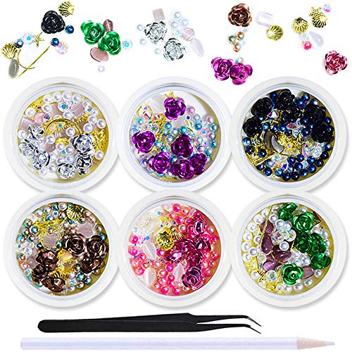WOKOTO 6 Boxes 3D Nail Art Decoration Set Laser Pearl Colorful Flower Gold Nail Studs Shell Cat Eye Gem Manicure Jewelry With 1Pc Tweezers And Picker Pencil