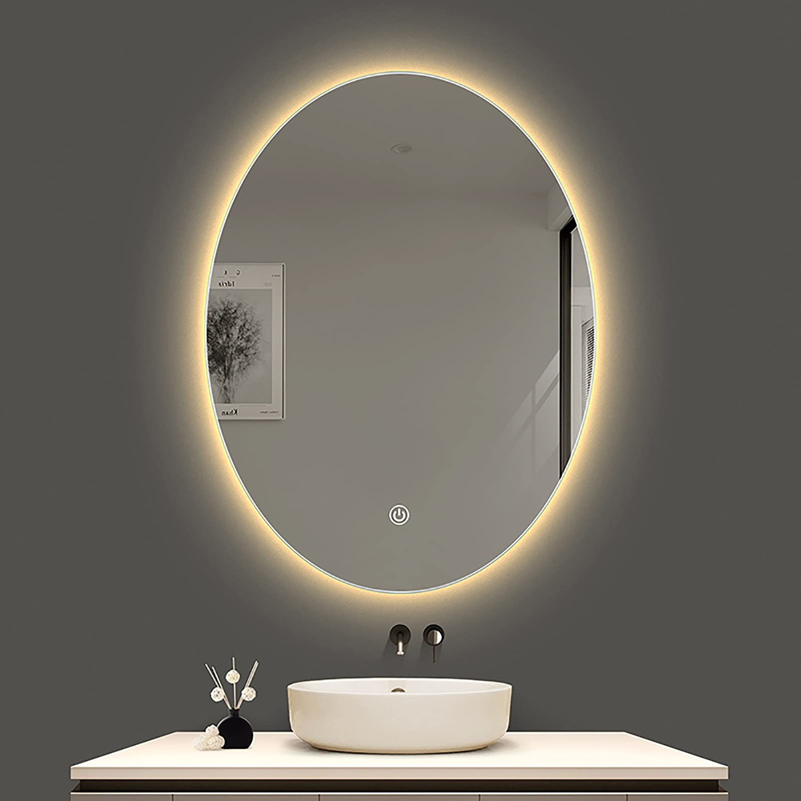 Specchio Espejo de baño LED ovalado, grande, irrompible, de vidrio templado con doble iluminación, espejo de tocador de pared para maquillaje (tamaño: 600 mm x 800 mm/24 pulgadas x 32 pulgadas)