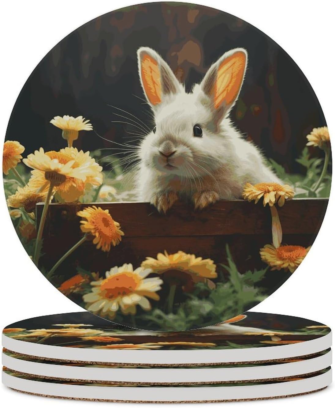 Rabbit and Flower Coasters Round Coasters Set Ceramic Stone Coaster with Cork Base Coffee Cup Beverage Cup Mat Cute Funny Table Drinks Coaster for Mugs and Cups Office Kitchen