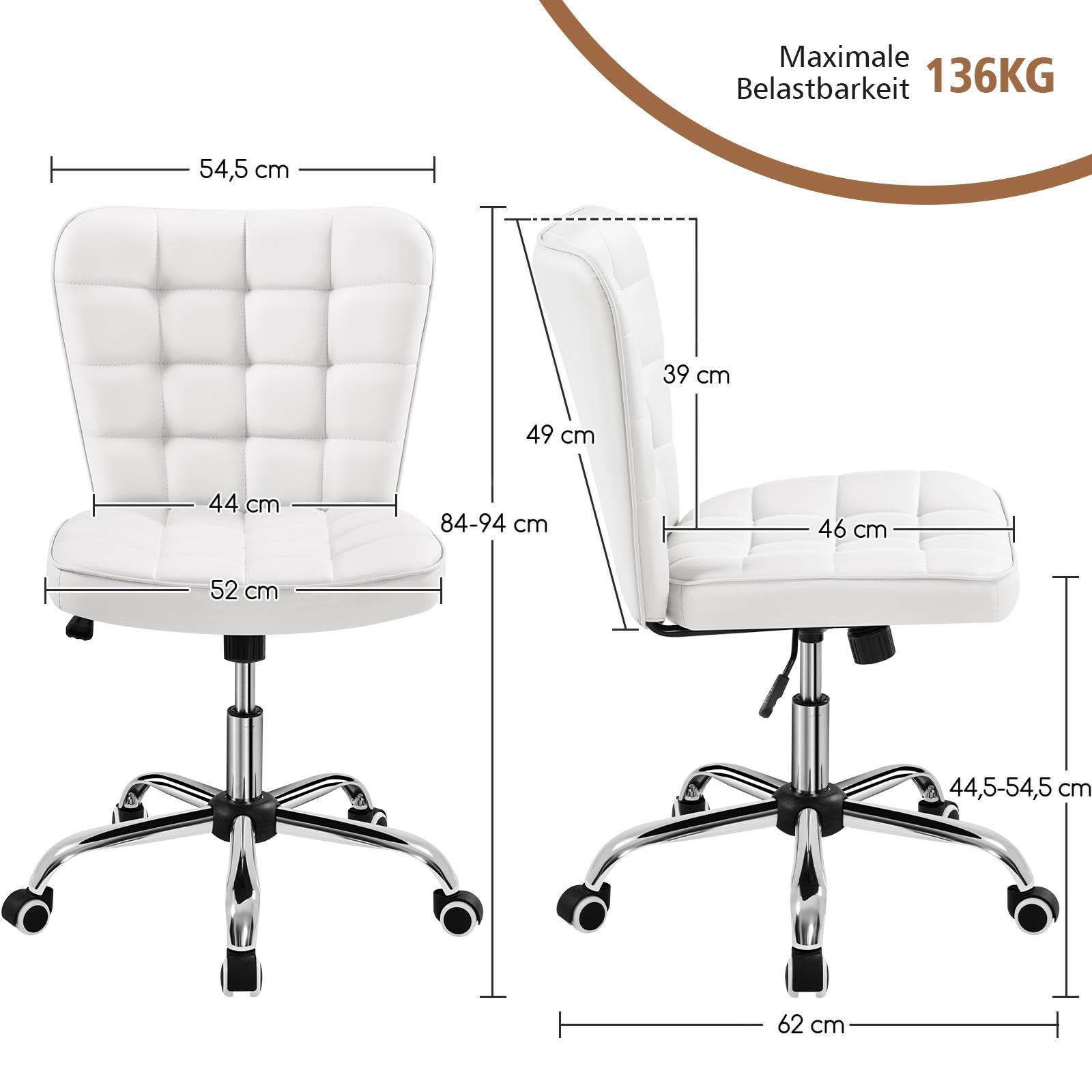 Yaheetech Homeoffice Stuhl, Drehstuhl ohne Armlehne Kunstleder, Weiß | Schreibtischstuhl, Schminkstuhl, höhenverstellbar Bürostuhl mit Wippfunktion, Polsterstuhl für Arbeitszimmer Schlafzimmer
