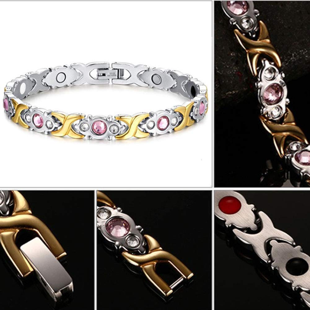 XINGYU Pulsera MagnéTica Dolor,Pulsera De Acero Inoxidable Hoja Forma Enlace 4 En 1 Pulsera De Terapia MagnéTica para Hombres Mujeres,Oro Plata,22 Cm, Silver Gold