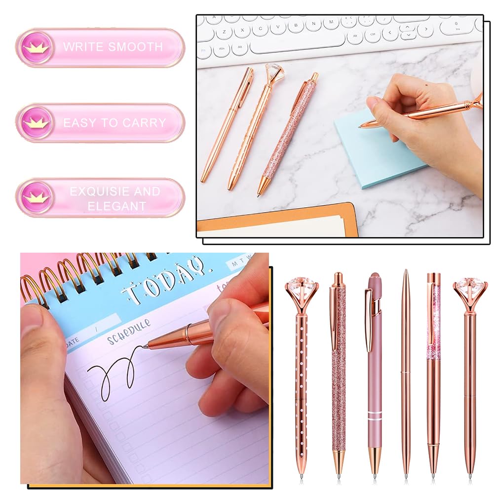 Juego De 6 Bolígrafos De Metal Oro Rosa Con Purpurina - Tinta Negra, Punta Fina, Regalo Elegante Para Oficina O Escuela