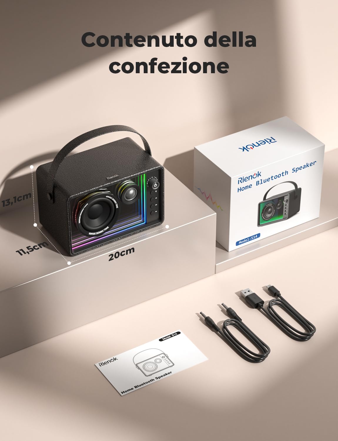 RIENOK Cassa Bluetooth Potente 40W Woofer 90mm Tweeter Seta 30mm, RGB, 15H | Bass-Reflex Posteriore, Vero Stereo Wireless, Ricaricabile, Supporta USB/TF/AUX, per Smartphone/ Casa/ Regalo