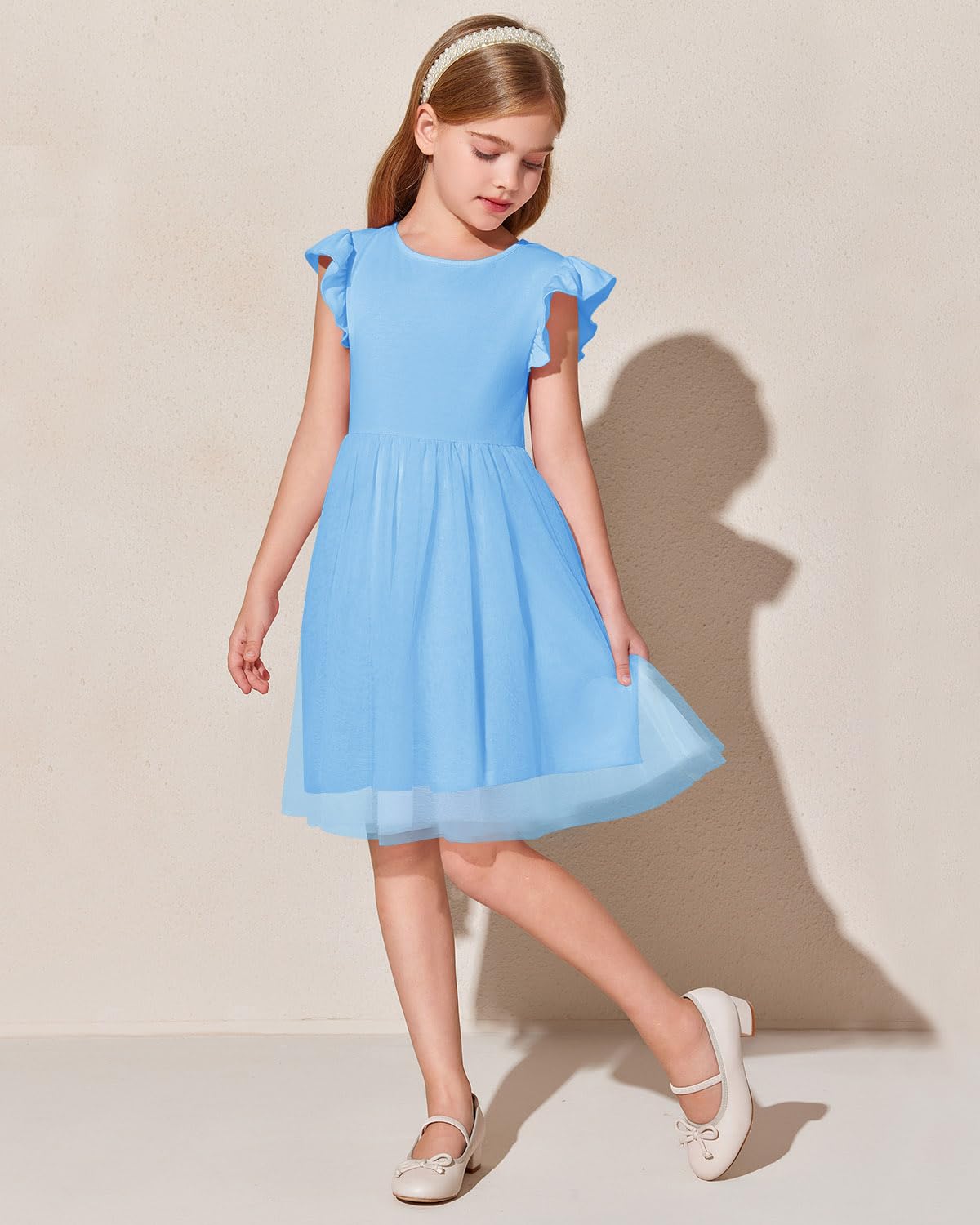Haloumoning Vestido de niña con mangas con volantes, cuello redondo, monocolor, vestido de verano, línea A, vestido de princesa de tul, festivo, cumpleaños, boda, fiesta, vestido informal — view 2