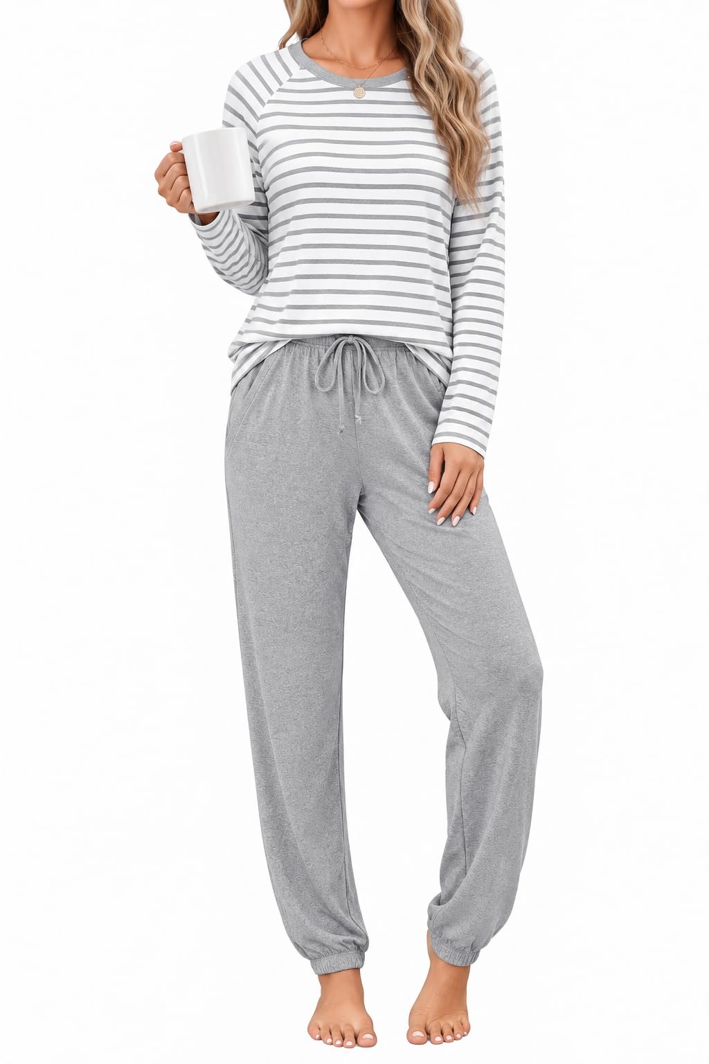 Uniexcosm Schlafanzug Damen Lang Baumwolle mit Streifen | zweiteilig Herbst Winter Pyjama Set mit Rundhals Taschen für Schlafen Zuhause Reise und entspannte Abende