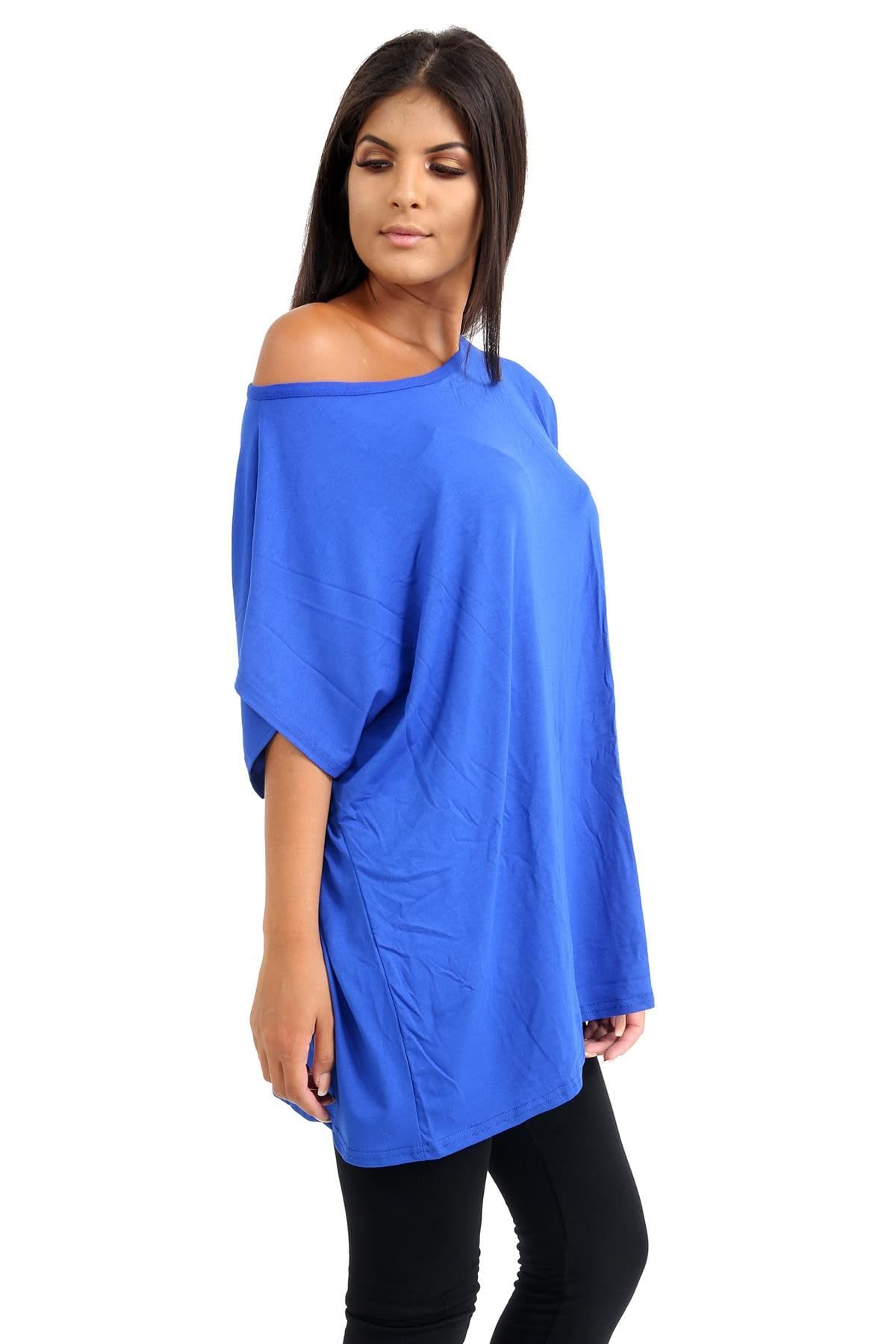 Lot de 3 t-shirts surdimensionnés à manches courtes avec épaules dénudées chauve-souris pour femmes, t-shirts amples unis, épaules dénudées, fête et tenue décontractée, bleu marine, 40-42