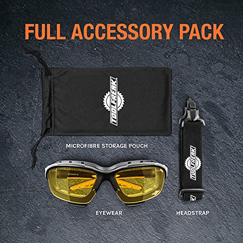 Image of ToolFreak Spoggles Safety Glasses for Work and Sport HD Yellow Lens, Anti Glare, Impact Protection, Filter Out Blue Light, Foam Padded, ANSI Z87 Rated, Head Strap and Carry Pouch