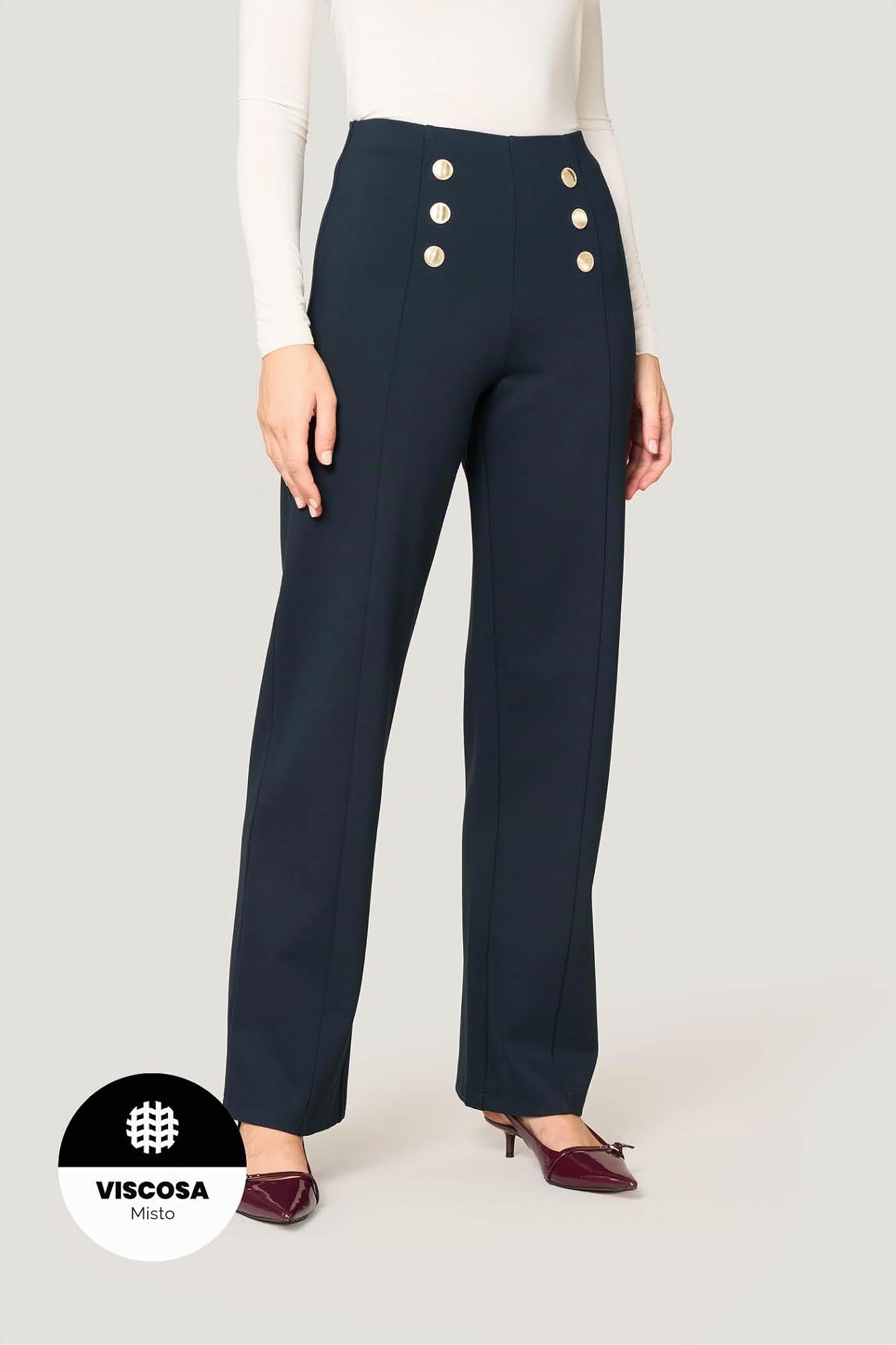Goldenpoint Donna Pantaloni Wide Leg Leggermente Svasati al Fondo con Bottoni in Viscosa