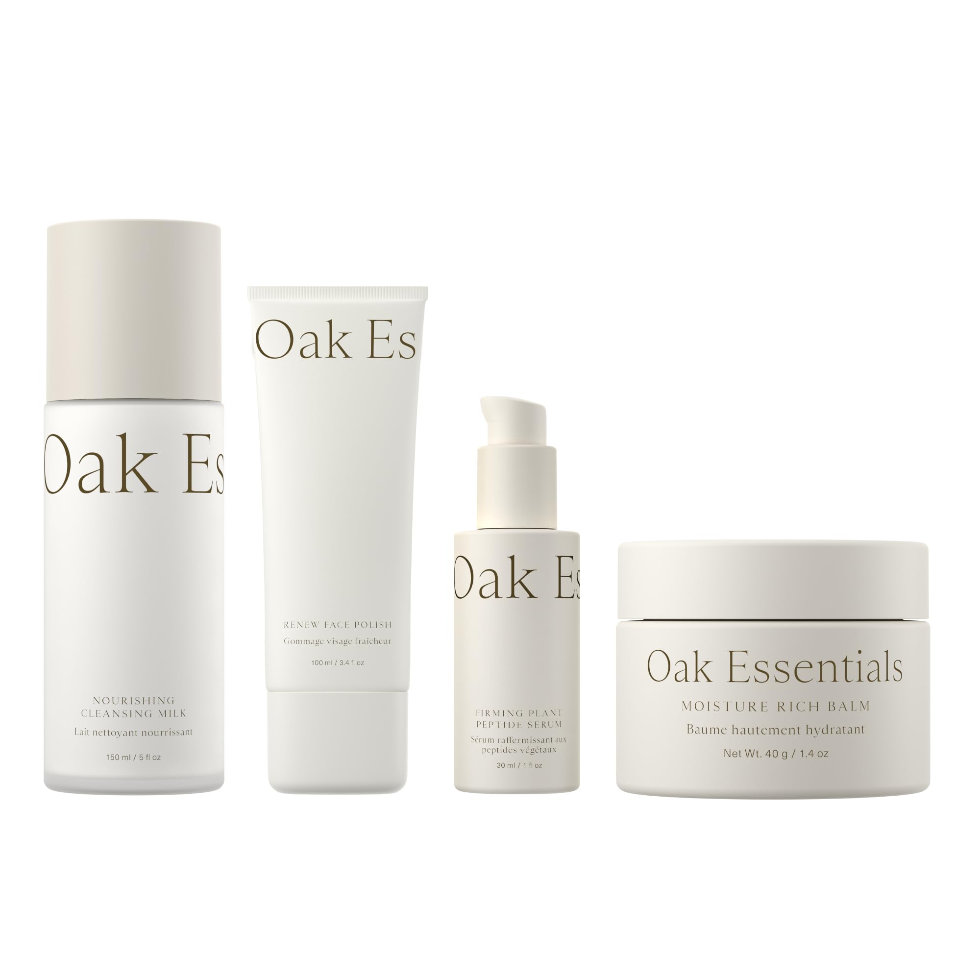 Oak Essentials Youthful Skin Routine Set | 4-Step Skin Renewal Kit with Peptide Serum, Face Polish, Cleansing Milk & Moisture Balm 1 Count Beige