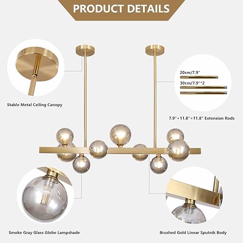 Miniatura 3 de BOKT Lámpara colgante lineal moderna de mediados de siglo, 9 luces de globo de vidrio gris humo, lámpara de araña lineal de latón, lámpara colgante
