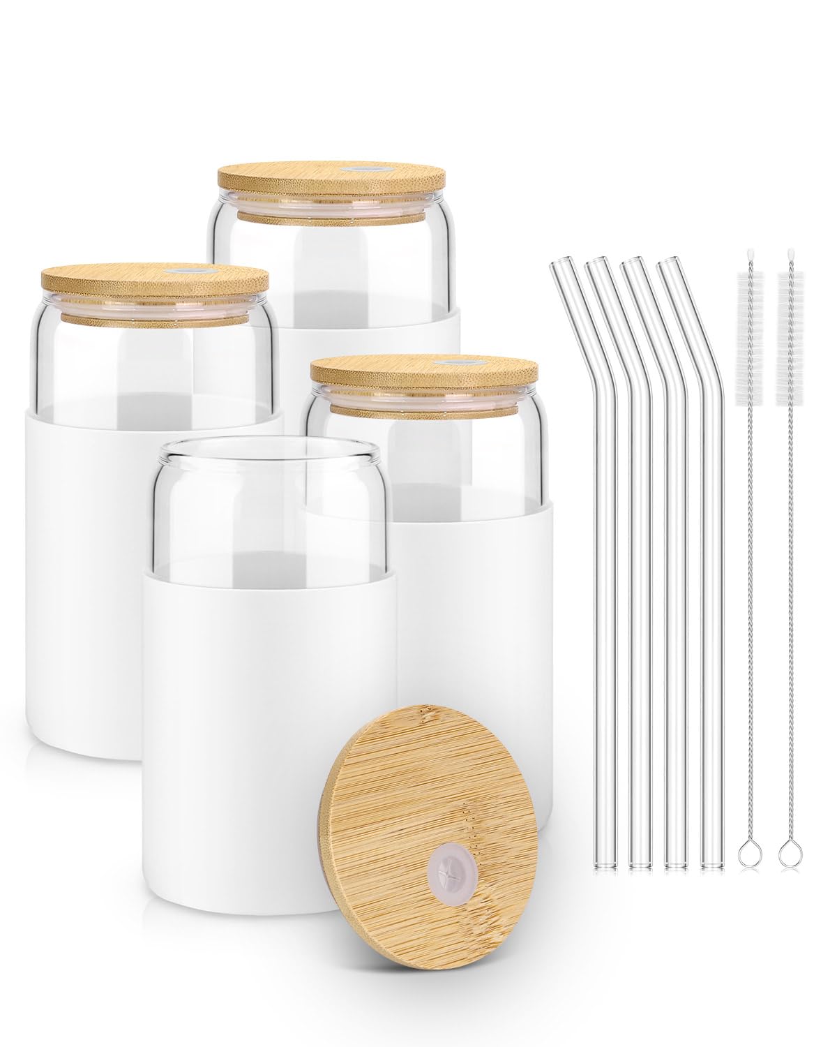 sungwoo Glass Cups with Lids and Straws 4 Pack 16OZ Iced Coffee Cups with Silicone Sleeve Glass Tumbler