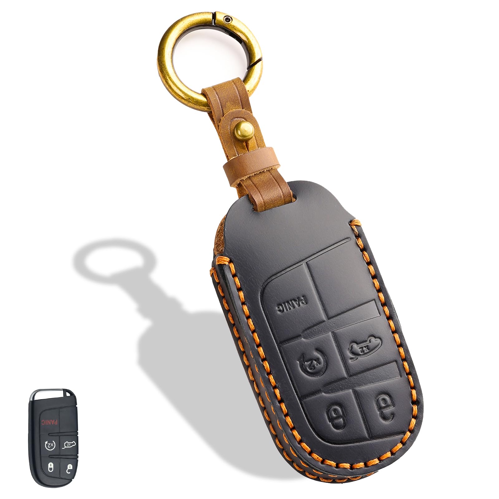 Leather Key Fob Cover, Compatible with Jeep Grand Cherokee Renegade Compass Chrysler Dodge RAM Durango Challenger Journey Dart Fiat, No Screw Design Key Holder Protector (Black)