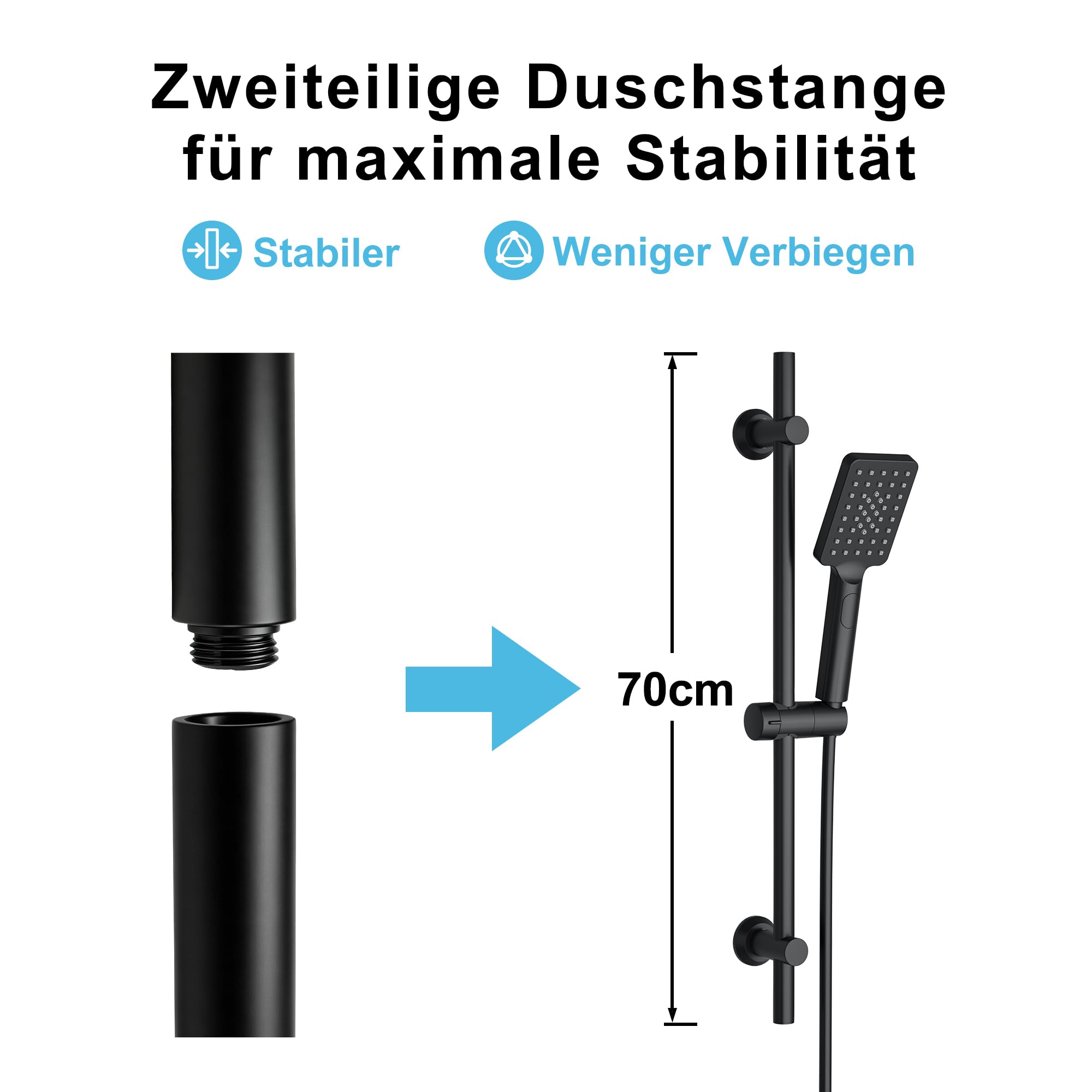 Görbach Duschsystem mit Thermostat – Edelstahl Duschset mit Duscharmatur, Brausestange Set mit Thermostatarmatur, Handbrause, Schlauch, Duschstange 70 cm mit Duschablage, Schwarz