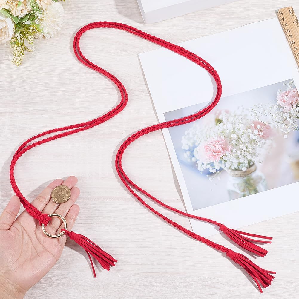 CRASPIRE Women Tassel Waist Belt Rope Boho Skinny Braided Belts Tie Red PU Leather Handmade Woven Long Macrame Thin Decorative Chain with Ring for Lady Dresses Clothes Outfit Skirts Wrap Tunics - Image 3