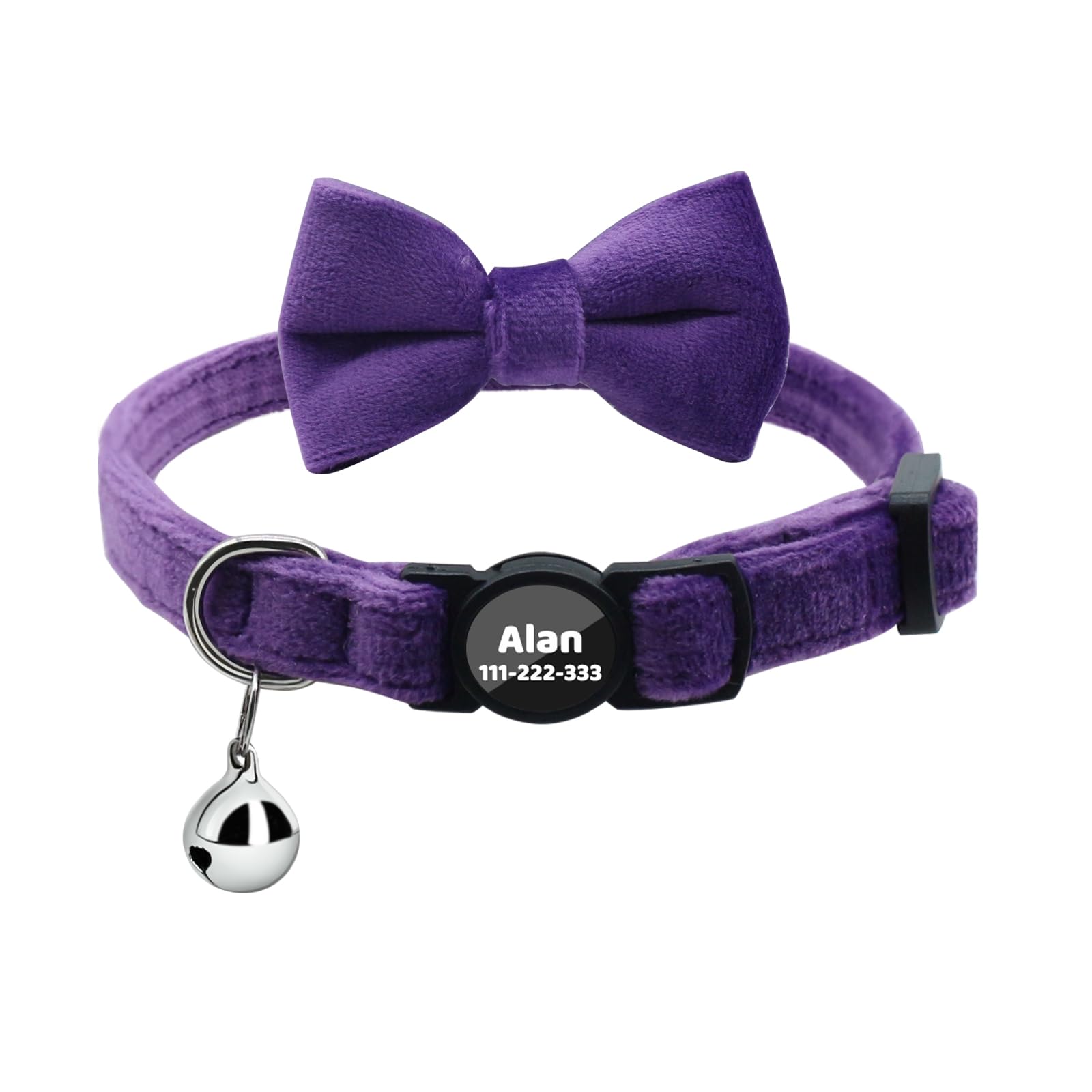 Personalized Breakaway Cat Collars with Bell Bowtie Safety Quick Release HD Print Customized Kitten Collars for Girls Boys Cats-Velvet Pattern-Purple