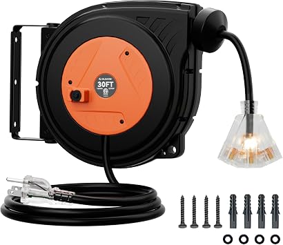 30FT Retractable Extension Cord Reel, 16AWG/3C SJTOW Heavy Duty Power Cord Reel with Lighted Triple Outlets, 10A Circuit Breaker, Lightweight Ceiling/Wall Mount Reel for Garage, ETL Listed, Orange