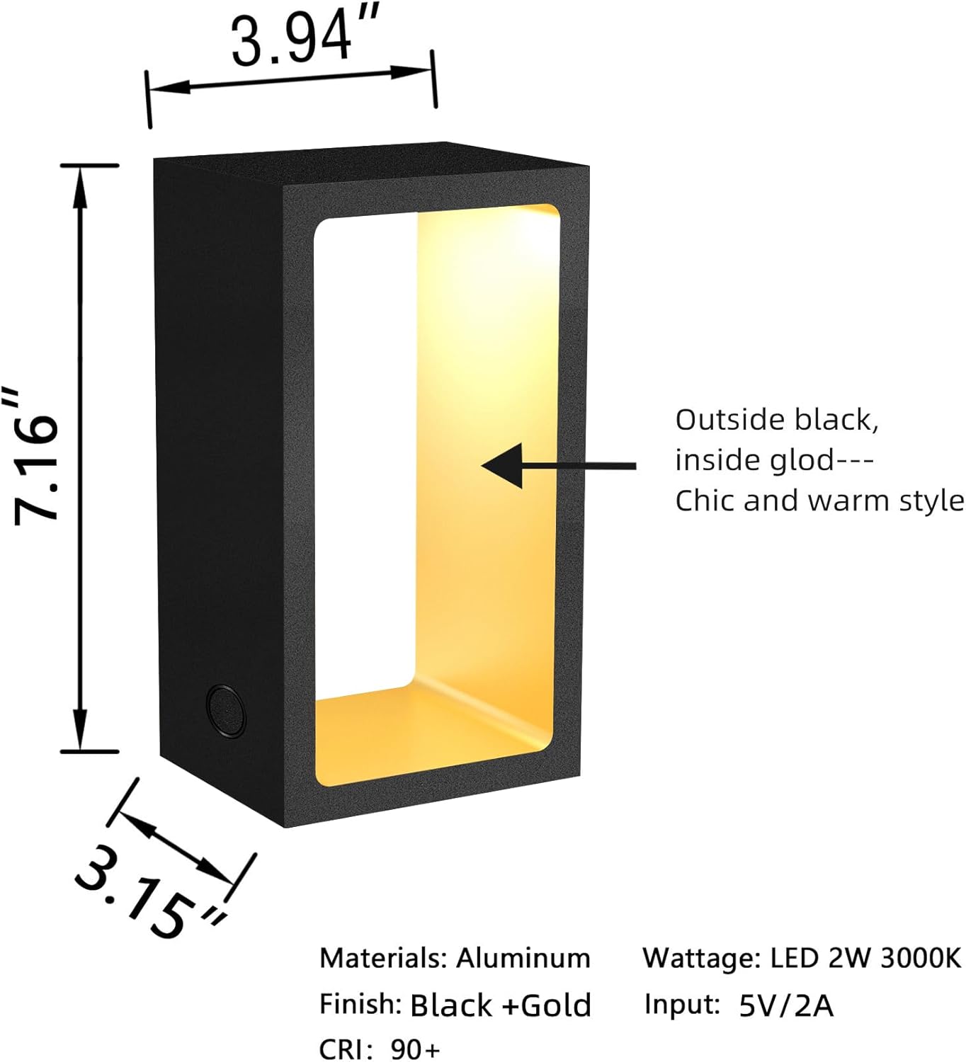 Minimalist Portable Cordless LED Desk Lamp, Adjustable Brightness Bedside Night Light, 7" High Aluminum Metal Table Lamp Battery Operated, Rechargeable Wireless Table Lamp for Home (Black + Gold)