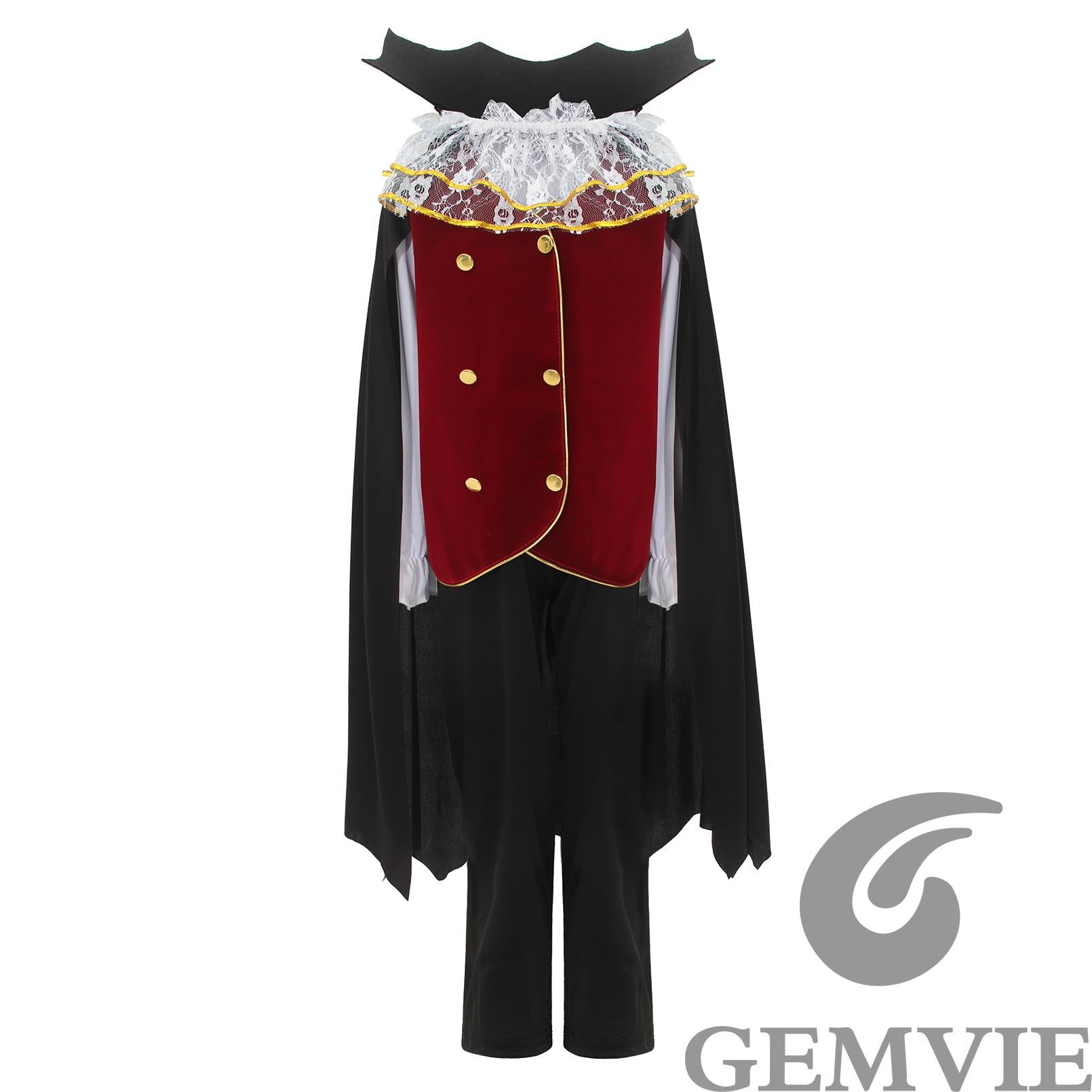 GEMVIE Costume da vampiro 4-12 Anni per bambini e ragazzi Dracula Twilight Costume di Travestimento Royal Halloween Carnevale Mantello Vampiro Cosplay Nero