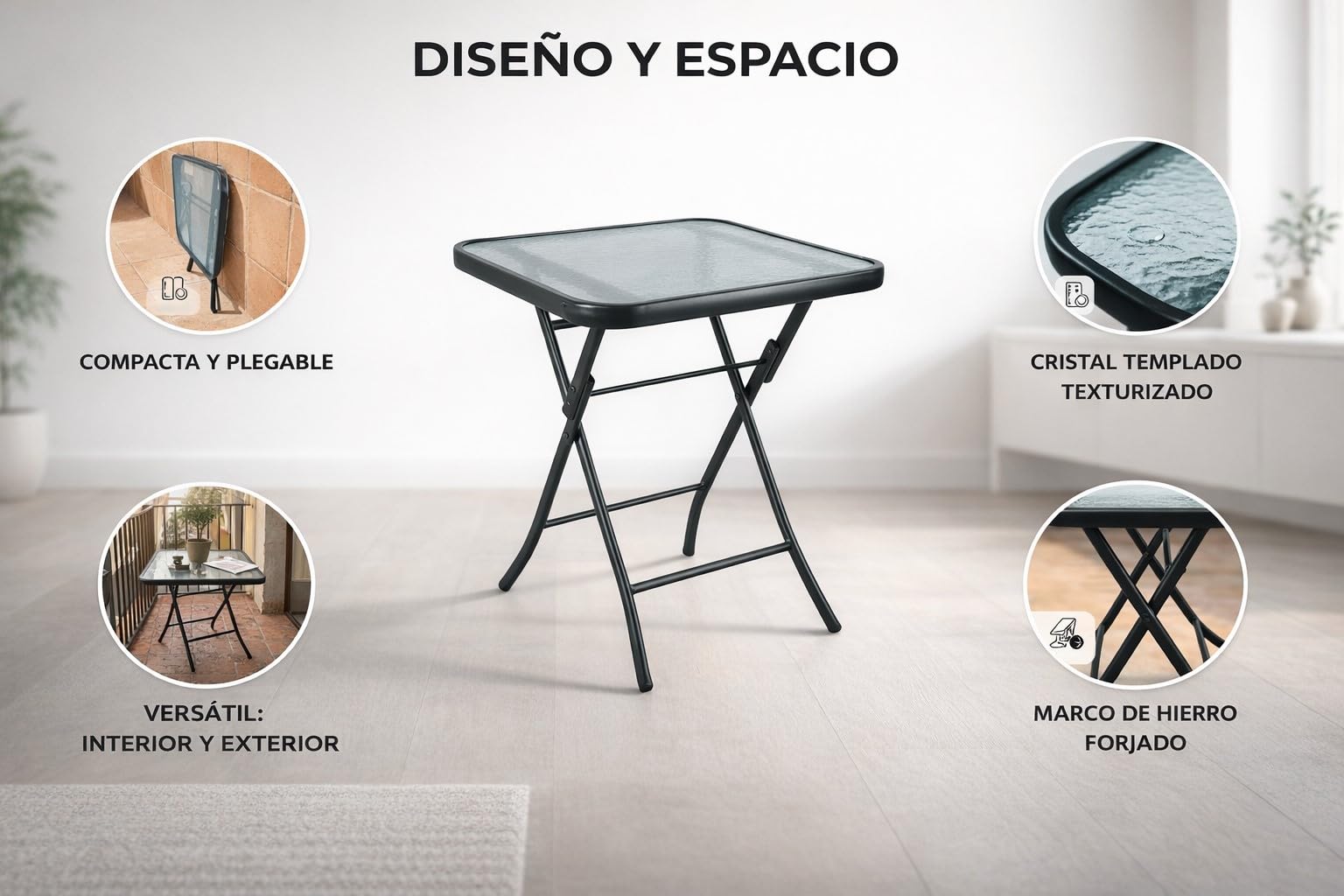 HERSIG - Mesa de Jardin Cuadrada Plegable de Acero y Vidrio Templado - Mesa Exterior Negro 60x60x70 CM - Mesas de Terraza y Jardín Cuadradas - Mesas para Verano Exterior con Cristal Texturizado