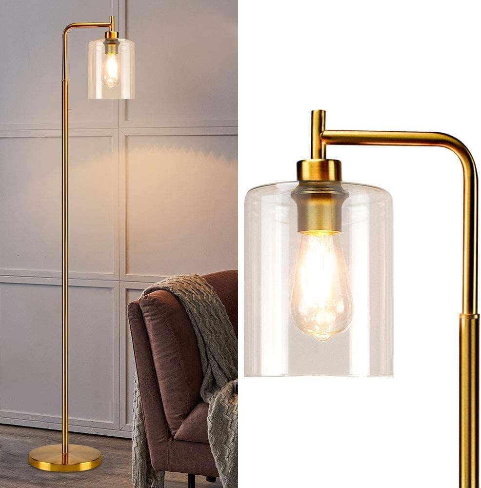 DINGLILIGHTING DLLT Modern Gold Floor Lamp, Metal Reading Tall Pole Light with Glass Shade, Farmhouse Standing Industrial Floor Lamps, Brass Tall Lighting for Living Room, Bedroom, Office, E26 Base