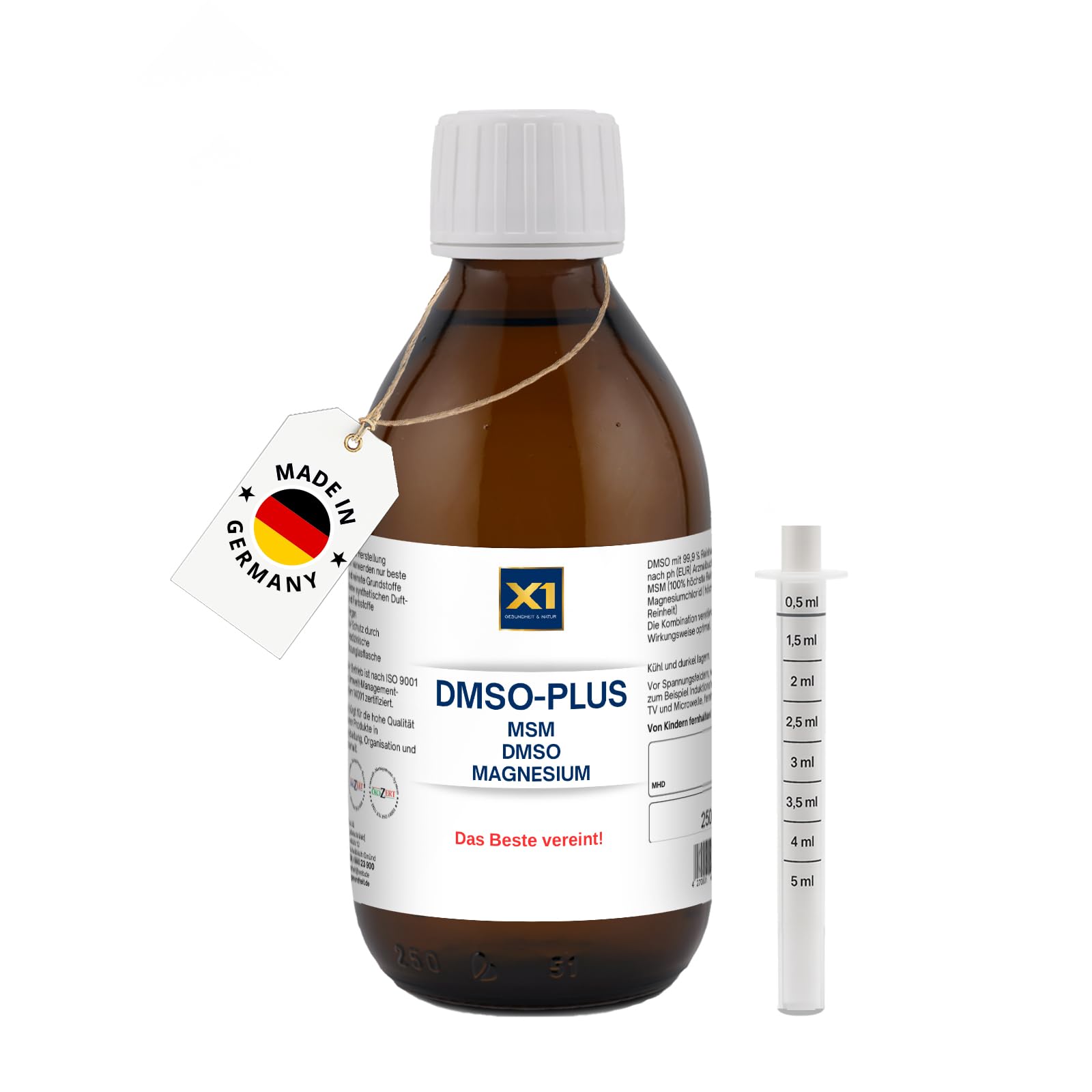 X1 DMSO-PLUS | Complex with MSM and Magnesium | DMSO with 99.9% Pharmaceutical Purity | Dymethyl Sulfoxide Ph. EUR | in Brown Glass Medicine Bottle | Made in Germany