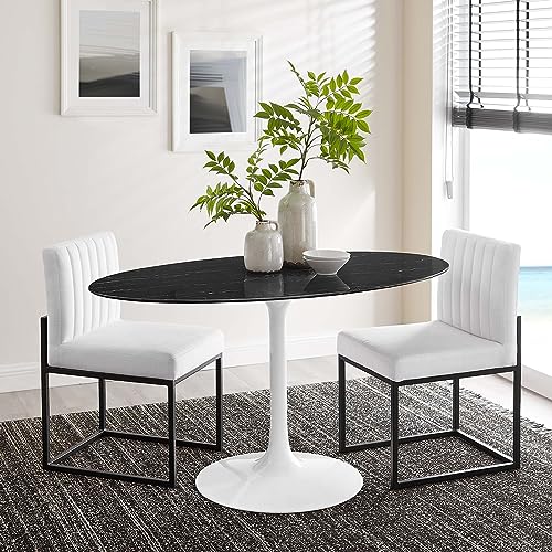 Image of Modway Lippa Oval 54 inch Artificial Marble Mid-Century Modern Dining Table in White Black