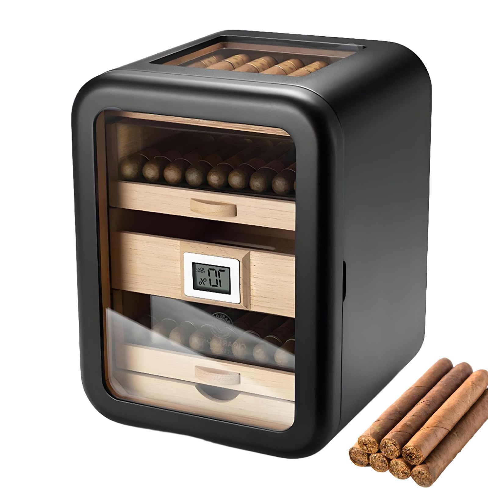 Elektrischer Zigarrenhumidor mit digitalem Hygrometer und Tür aus gehärtetem Glas, für 110 Zigarren, geräuschloser Zigarrenschrank mit Regal und Schublade aus Zedernholz für Männer C