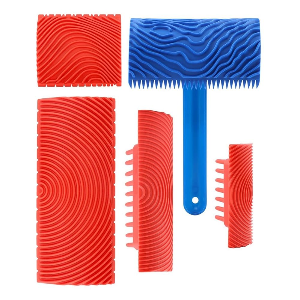 pofaa Woodgraining Tool Kit 5 Pack Wood Grain Texture Pattern Handling Roller Rubber Embossed Graining Tool