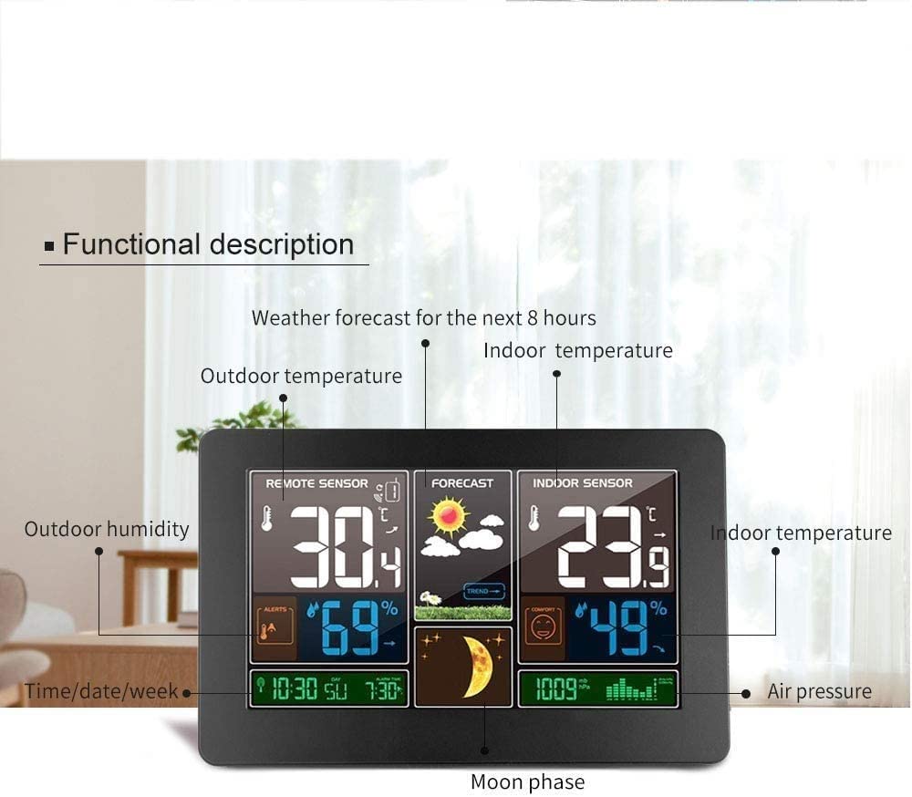 Estación meteorológica Digital inalámbrica con Sensor Exterior, Alerta y función de Temperatura, Humedad, barometría, pronóstico, Fase Lunar y Despertador.