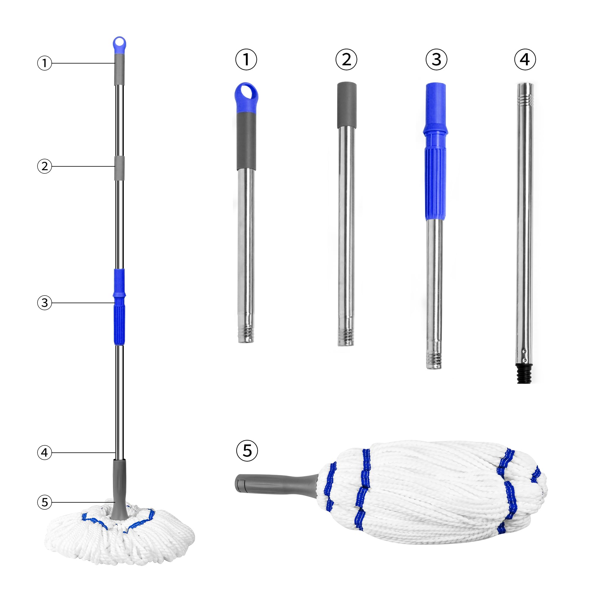 Kickleen Self Wringing Floor Cleaner with 52.5 Inch Long Handle, Heavy Duty Wet Mop for Hardwood, Tile, Vinyl, Laminate Floors (White)