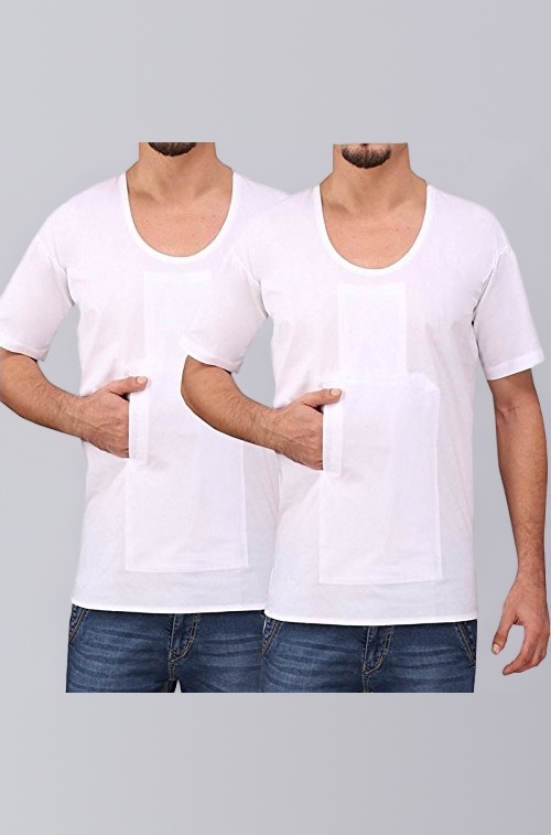 Men's Regular Fit Cotton Pocket Vest/Baniyan White Color-Size 95cm/XL (Pack of 2)