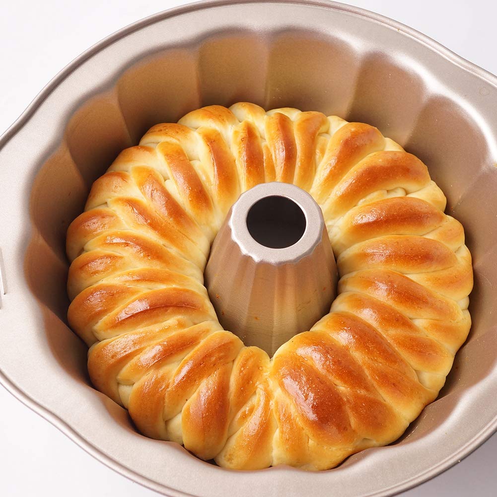 Teglia per torta a tubo scanalato antiaderente, resistente 22,5 cm in acciaio al carbonio scanalato anello stampo per laghetto tortiera per cottura con manici per forno bakeware champagne oro