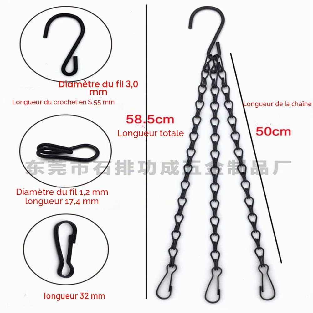 6 chaînes de suspension robustes de 55,9 cm pour panier de fleurs suspendu, 3 points pour suspension de plantes de jardin pour extérieur ou intérieur pour mangeoire, lanterne, pot de fleurs