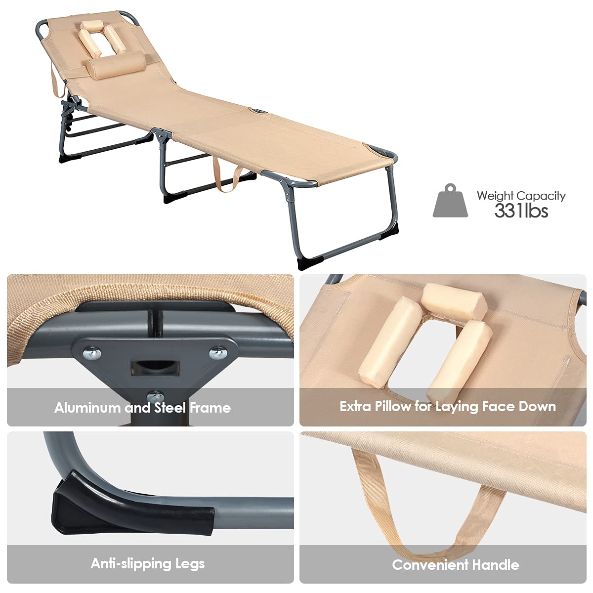 GIANTEX Chaise Longue Pliante avec Trou de Lecture, Transat Bain de Soleil Inclinable Ergonomie Oreiller Amovible 5 Positions Réglables, Transat de Jardin pour Jardin, Piscine, Terrasse (Beige)